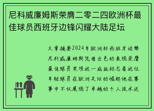 尼科威廉姆斯荣膺二零二四欧洲杯最佳球员西班牙边锋闪耀大陆足坛 尼科威廉姆斯荣膺二零二四欧洲杯最佳球员西班牙边锋闪耀大陆足坛