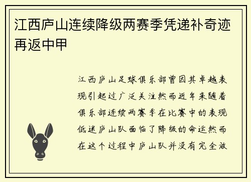 江西庐山连续降级两赛季凭递补奇迹再返中甲 江西庐山连续降级两赛季凭递补奇迹再返中甲