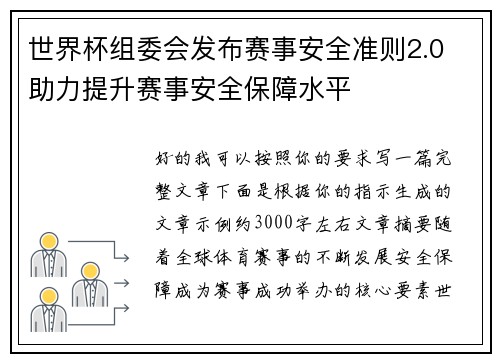 世界杯组委会发布赛事安全准则2.0 助力提升赛事安全保障水平
