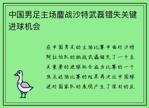 中国男足主场鏖战沙特武磊错失关键进球机会 中国男足主场鏖战沙特武磊错失关键进球机会